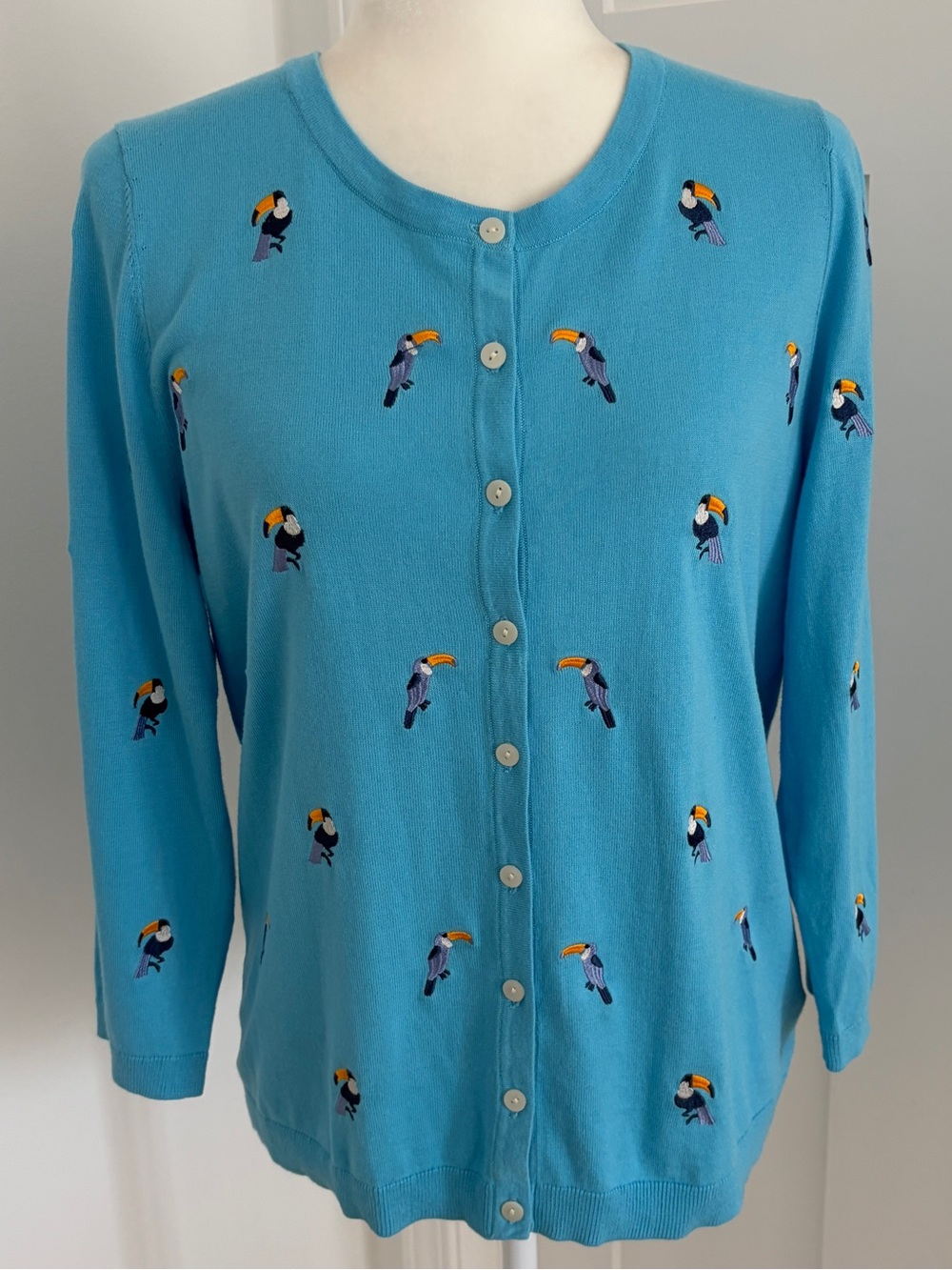 Talbots Womens Knit Button Cardigan Sweater Sz L Blue Embroidered Toucan*2